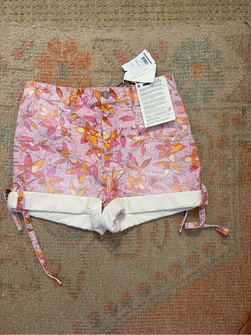 Isabel Marant Pink and Orange Floral Tie-Hem Jean Shorts